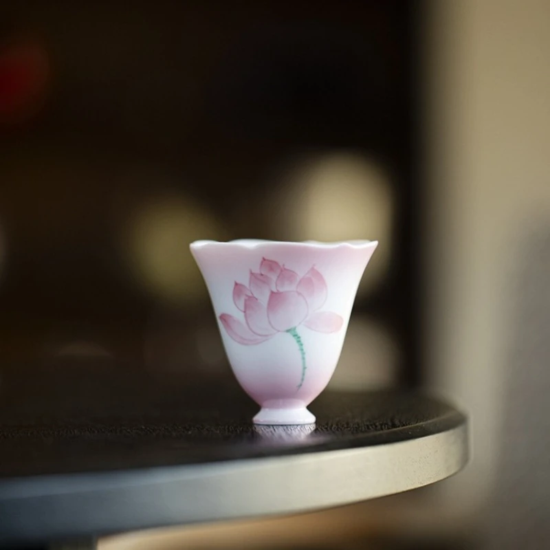 Pink HandPainted Lotus Ceramic Tea Cup Flared Rim Zen Tea Bowl for Kung Fu Ceremony Floral Design HighStem Sipping Cup
