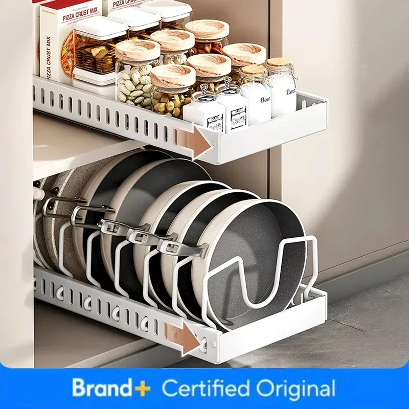 Kitchen Pots & Pans Organizer Under Cabinet Sliding Drawer Pot Lid Organizer Pull Out Cabinet Storage Tray with 8Dividers