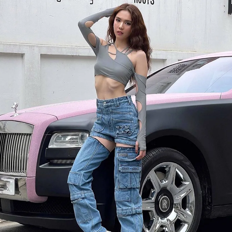 Europe and the United States y2k summer new women's solid color halter halter halter crop back sleeved blouse