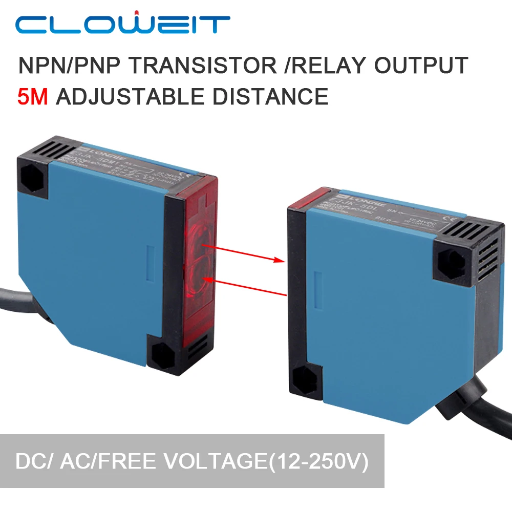 Cloweit Relay Output 5m Through Beam Detection Infrared Photo Electric Proximity Sensor Switch 12-250V NPN/PNP Transistor /Relay