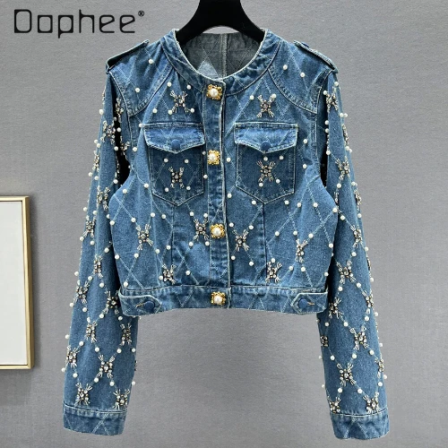 Trendy Beaded Diamond Jean Jacket for Women 2023 New Autumn Streetwear Long Sleeve Round Neck Slim-Fit Denim Jacket Feminino shuchan denim jacket women winter 2023 new loose thick casaco feminino jacket women cotton polyester turn down collar