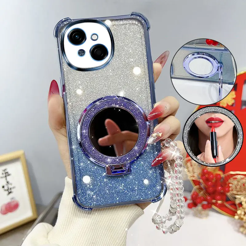 Glitter Shockproof Phone Case with Mirror Stand and Beaded Strap