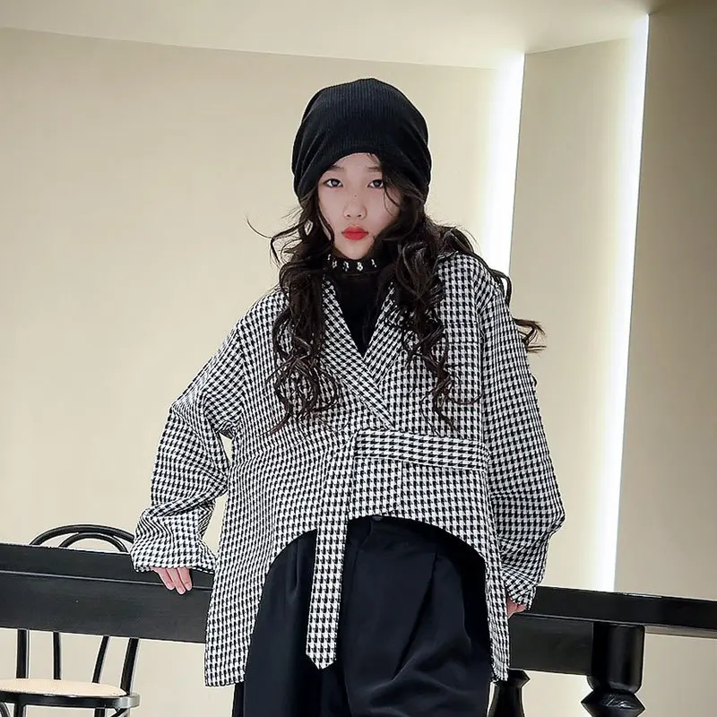 

Teenage Girls Plaid Blazer Autumn 2023 Fashion Irregular Jacket for Children Loose Casual 8 10 12 Years School Kids Outerwear