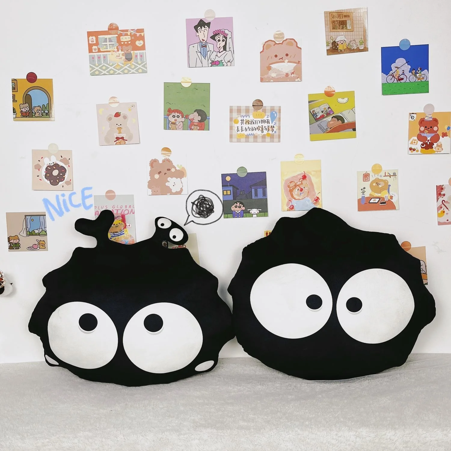 

Bubble Kiss Japanese Anime Big Eyes Plush Seat Cushion Cute Cartoon Black Elf Throw Pillow for Sofa Office Siesta Fluffy Cushion