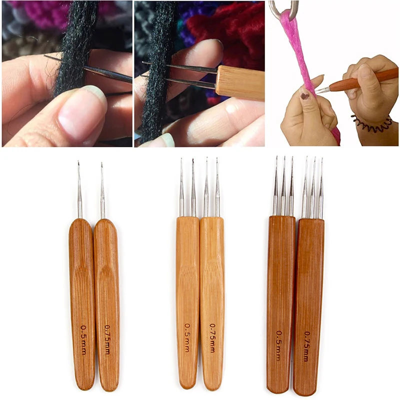 Steel 0.5/0.75mm Dreadlock Crochet Hook Wood Handle Weaving, Size: 0.5mm,0.75mm, Brown