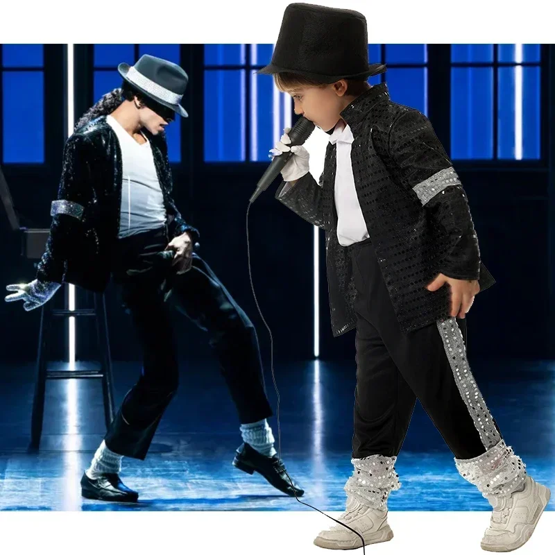 Boy Michael Jackson Billie Jean Cosplay Black Suit Dance Disco Halloween Fancy Dress Up 80s Pop King Costume for Kids2&jN Cosshe