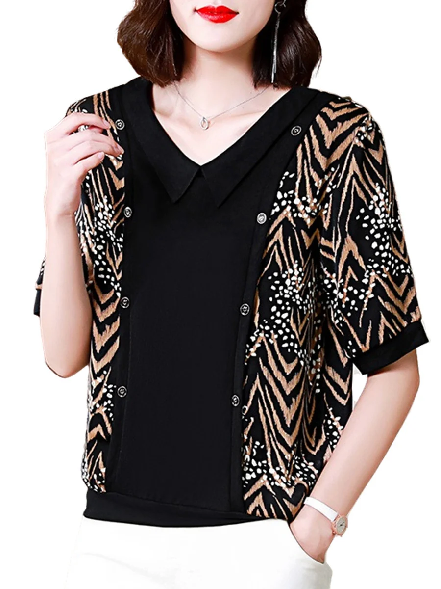 

4XL Women Spring Summer Blouses Shirts Lady Fashion Casual Short Sleeve V-Neck Collar Button Print Blusas Tops CT0476