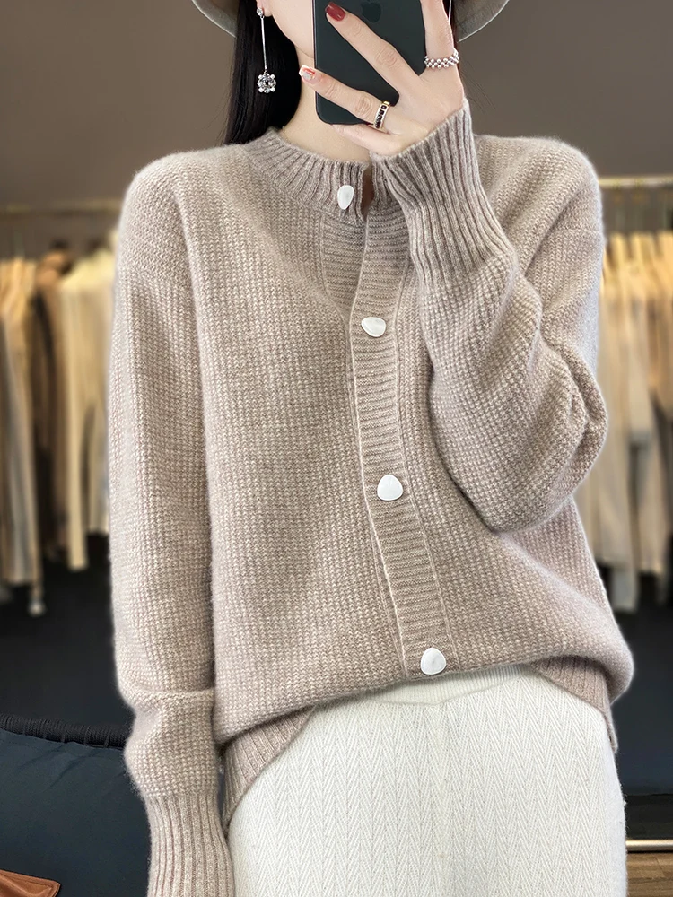 

Sigutan 2023 Autumn Winter New Chic Women Cardigan O-Neck High Quality Soft 100% Merino Wool Female Sweater Cashmere Knitwear