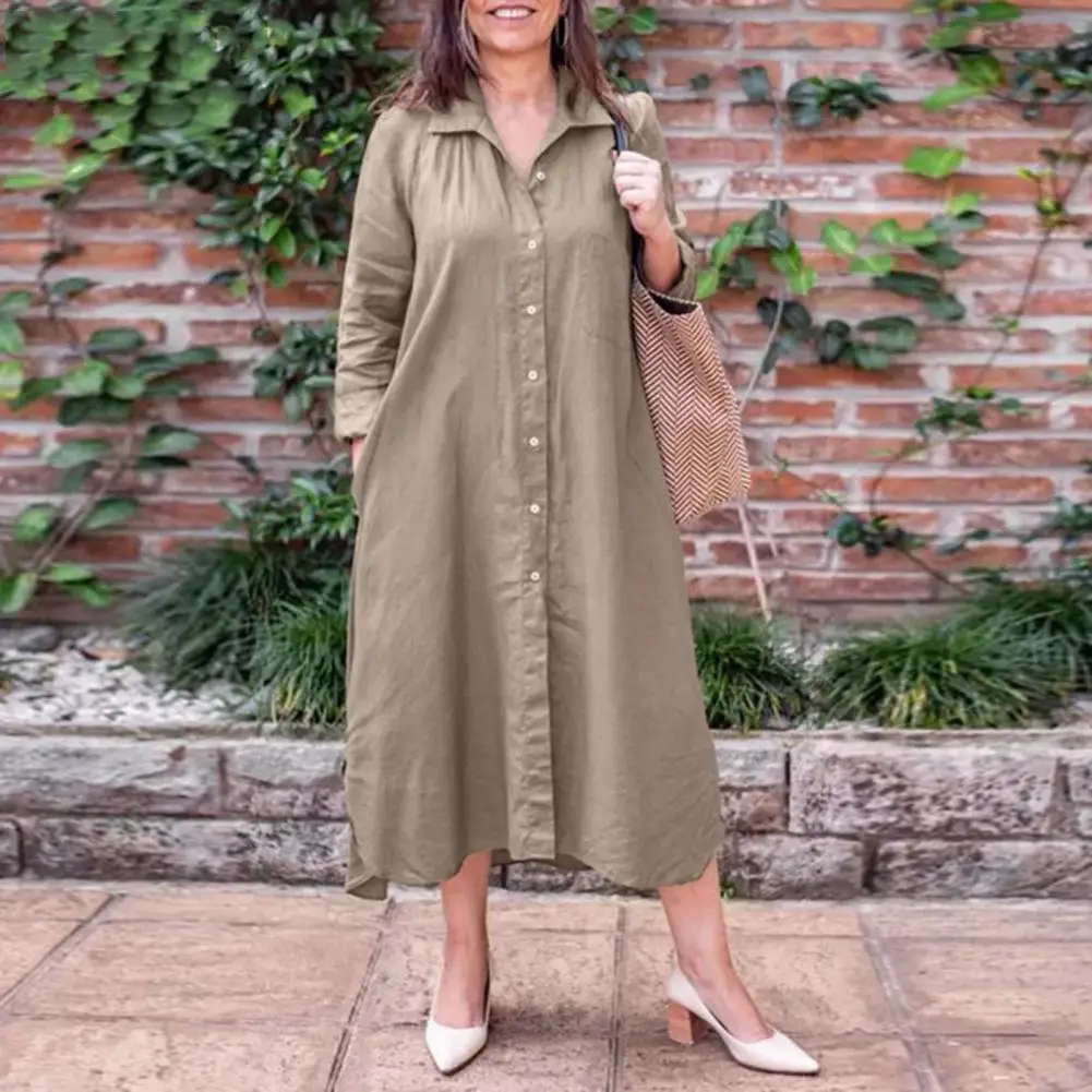 Women Spring Autumn Dress Single-breasted Loose Lapel Long Sleeve Pockets Soft Breathable Buttons Mid-calf Length Midi Dress