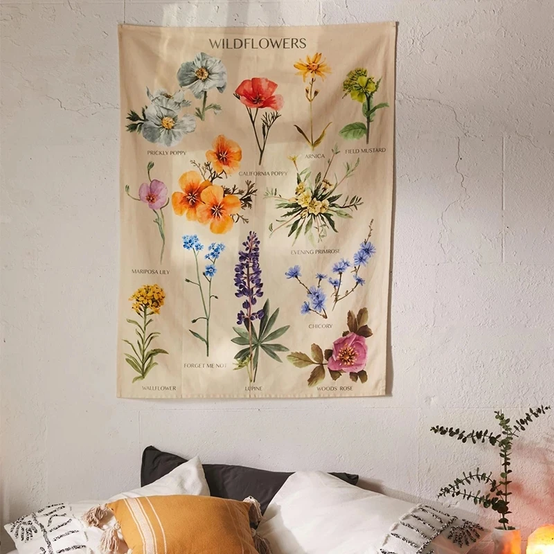 Botanical Wildflower Tapestry Wall Hanging Flower Reference Chart Hippie Bohemian Tapestries Colorful Psychedelic INS Home Decor tapestry decorations