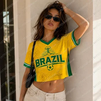 2026 Y2K Brazil Jersey - Loose Short V-neck T-shirt with Green and Yellow Stripes Streetwear Style Women Sports Fashion T-shirt