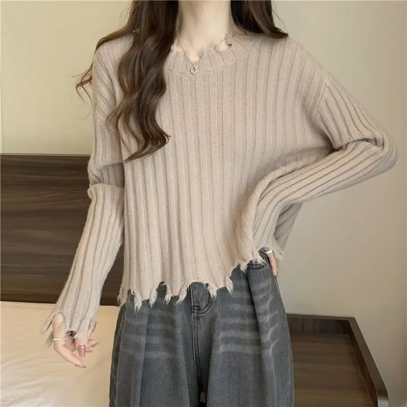 

Fashion O-Neck Spliced Tassel Irregular T-Shirt Female Clothing 2023 Winter Loose Solid Color Korean Tops Casual Tee Shirt