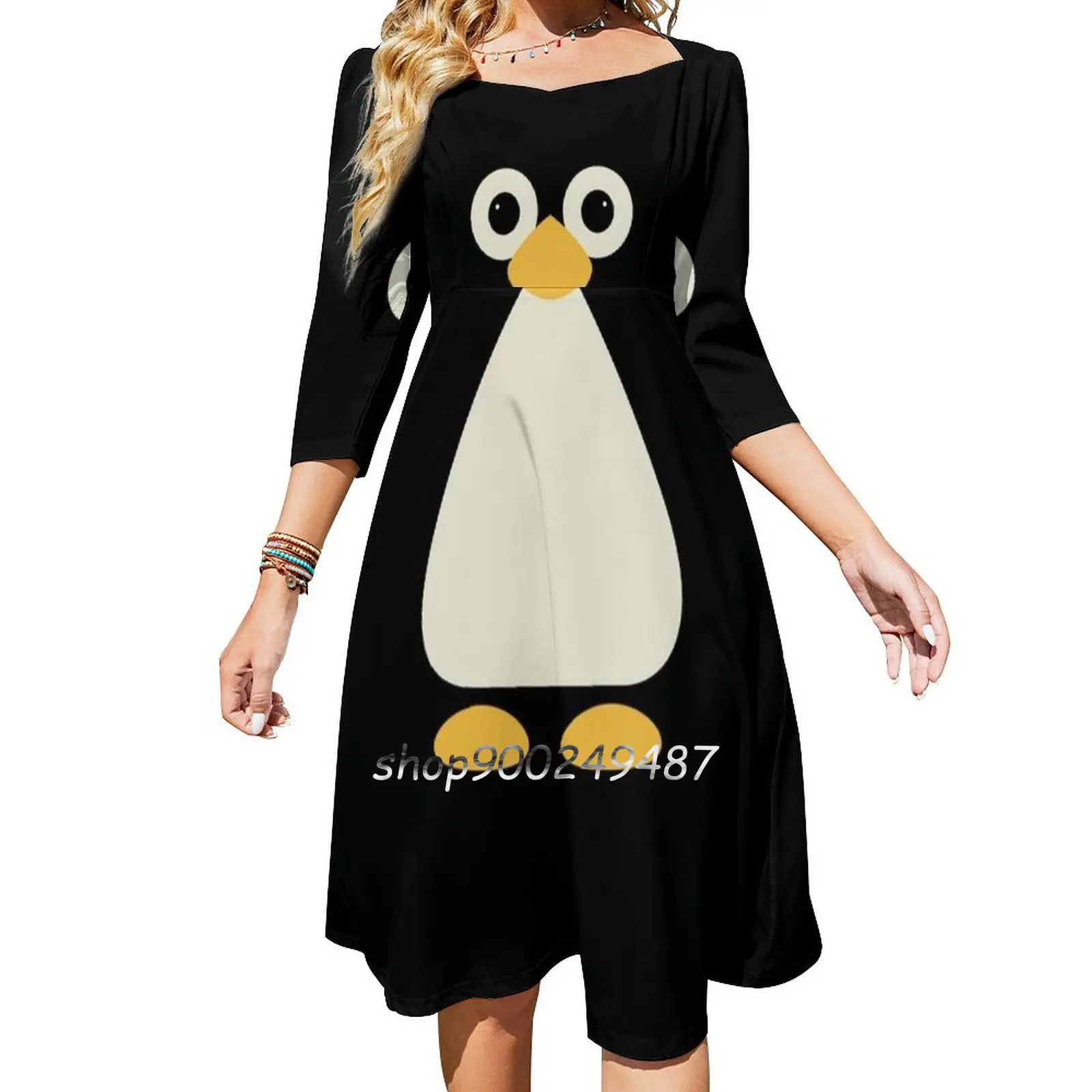 

Penguin Square Neck Dress New Plus Size Elegant Women Waist Tight Dress Penguin Penguins Pet Pets Cat Cats Dog Dogs Puppy Kitty