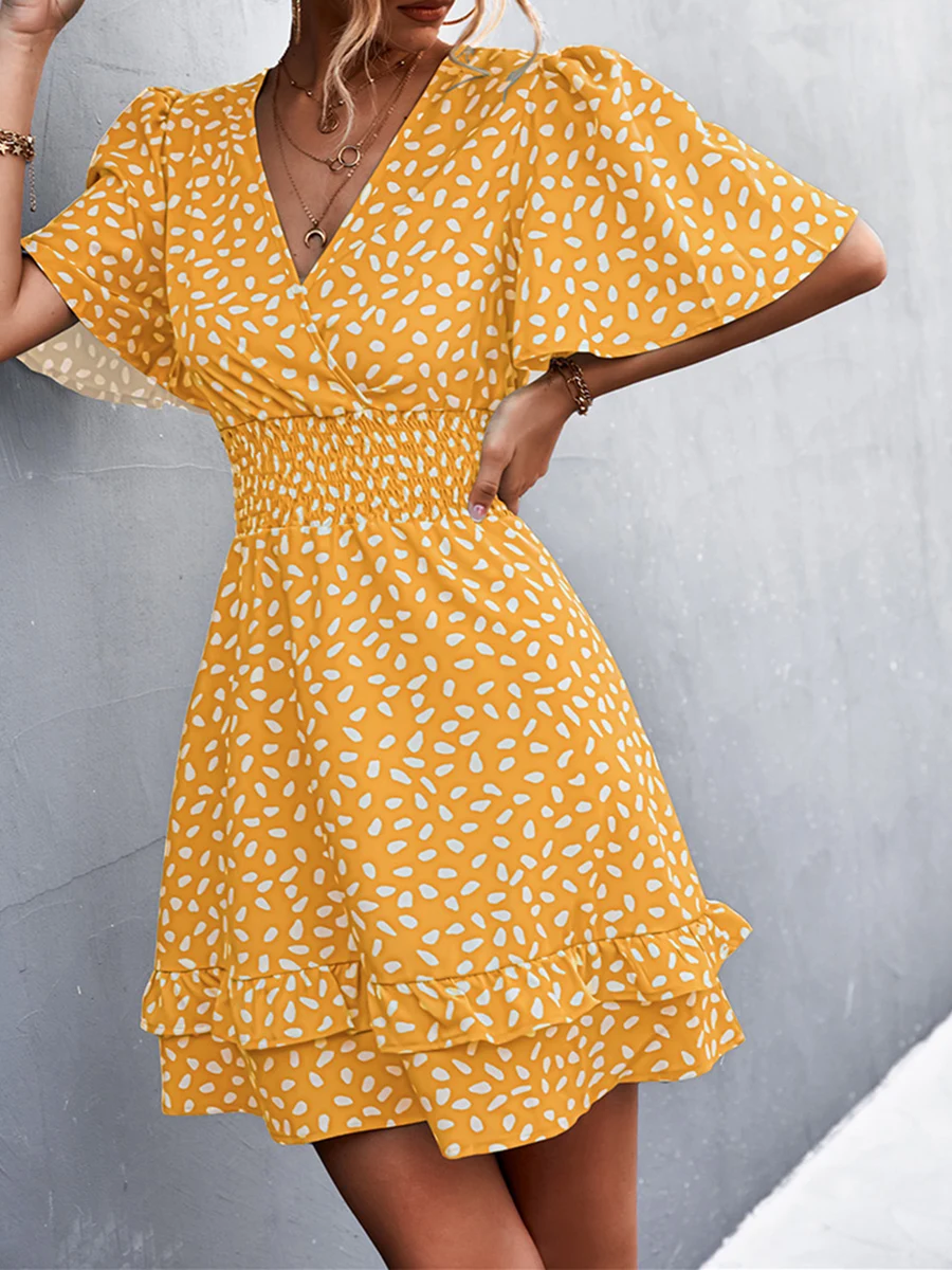 

Женское винтажное платье с цветочным принтом, свободное Повседневное платье Бохо с коротким рукавом и оборками на подоле, Y2K, летнее платье с круглым вырезом