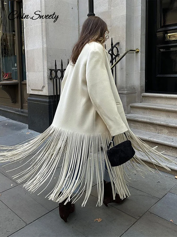 Fashion Woolen Tassel Long Coat Women Brown Single Breasted Long Sleeve Lapel Loose Jacket 2025 Spring High Street Outerwear