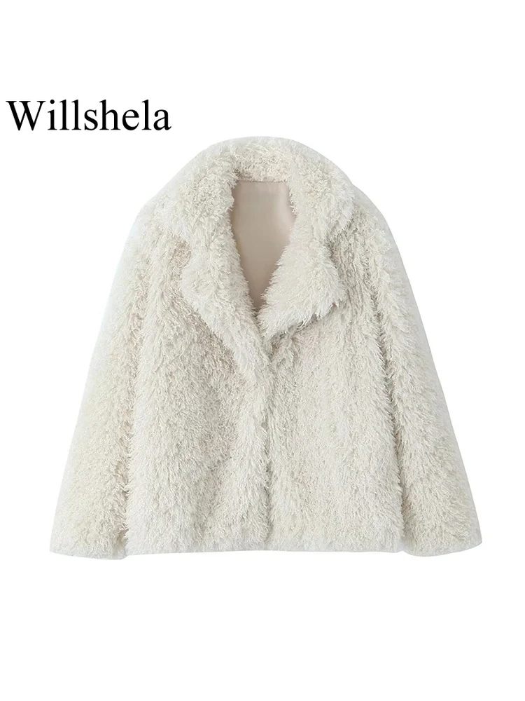 

Willshela Женская модная бежевая куртка на пуговицах с искусственным мехом винтажная Женская одежда с отворотом и длинными рукавами
