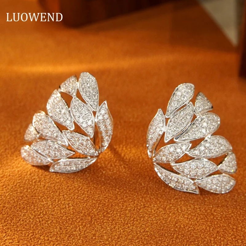 

LUOWEND 18K White Gold Earrings Real Natural Diamonds 0.90carat Stud Earrings for Women Luxury Shiny Leaf Design Party Jewelry