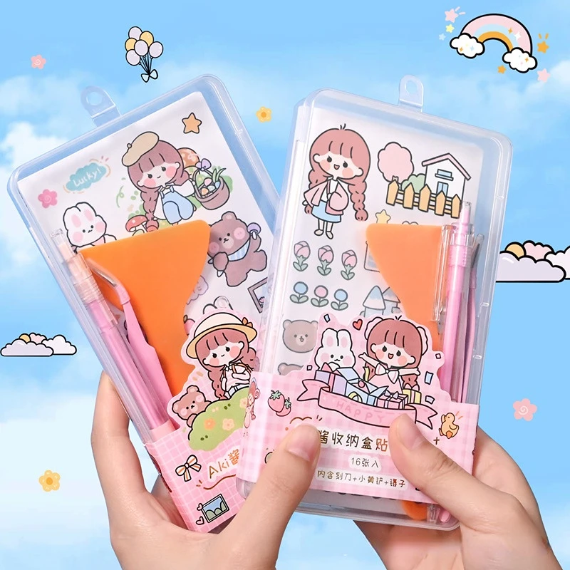 

1 Box Cartoon Stationery Stickers Scrapbook Notebook Decoration Washi Stickers with Nicking Tool Tweezer Shovel Stationery