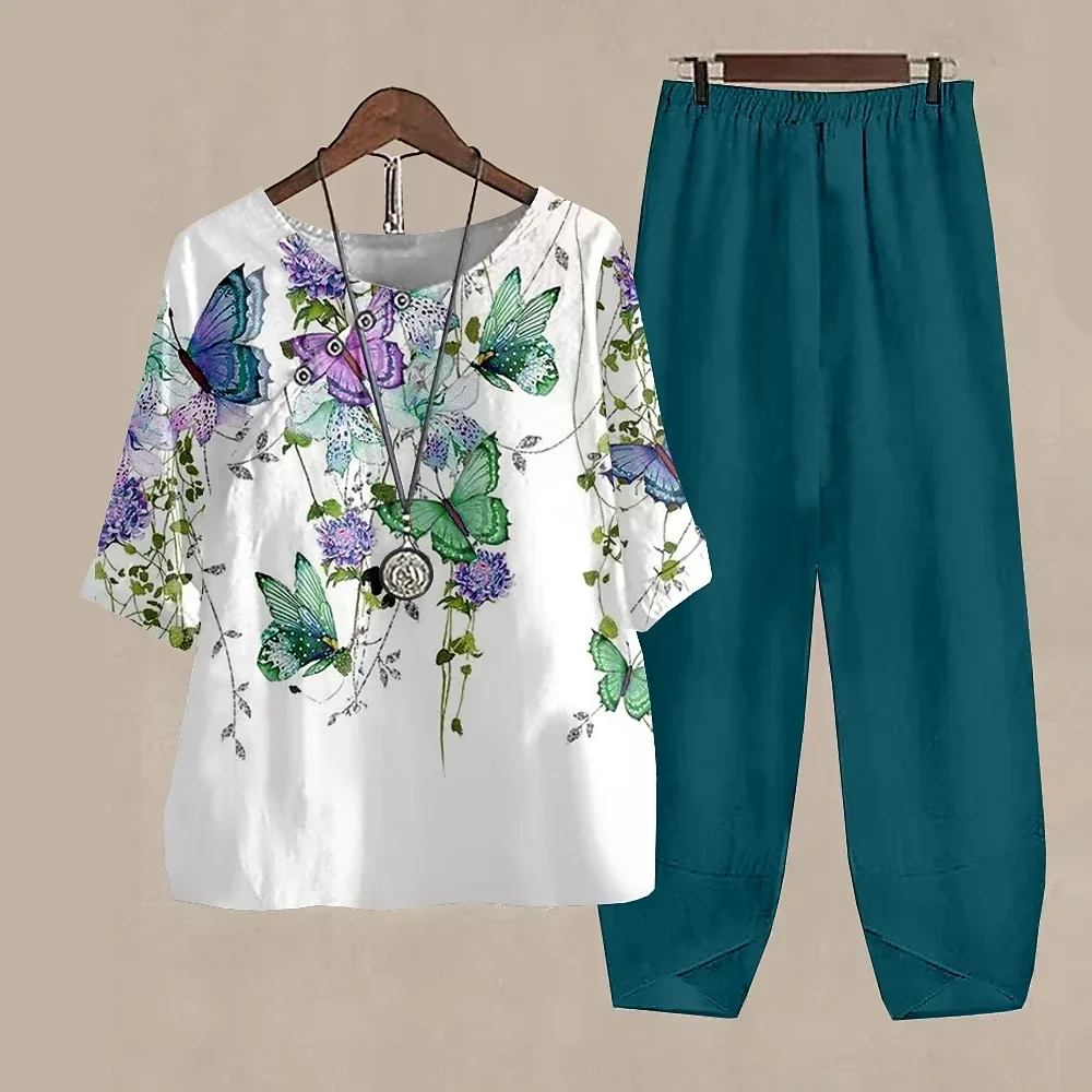 Summer Two Piece Sets White Floral Print Womens Outfits Elegant Ladies O Neck Loose Short Sleeve Shirt High Waist Pants Suit