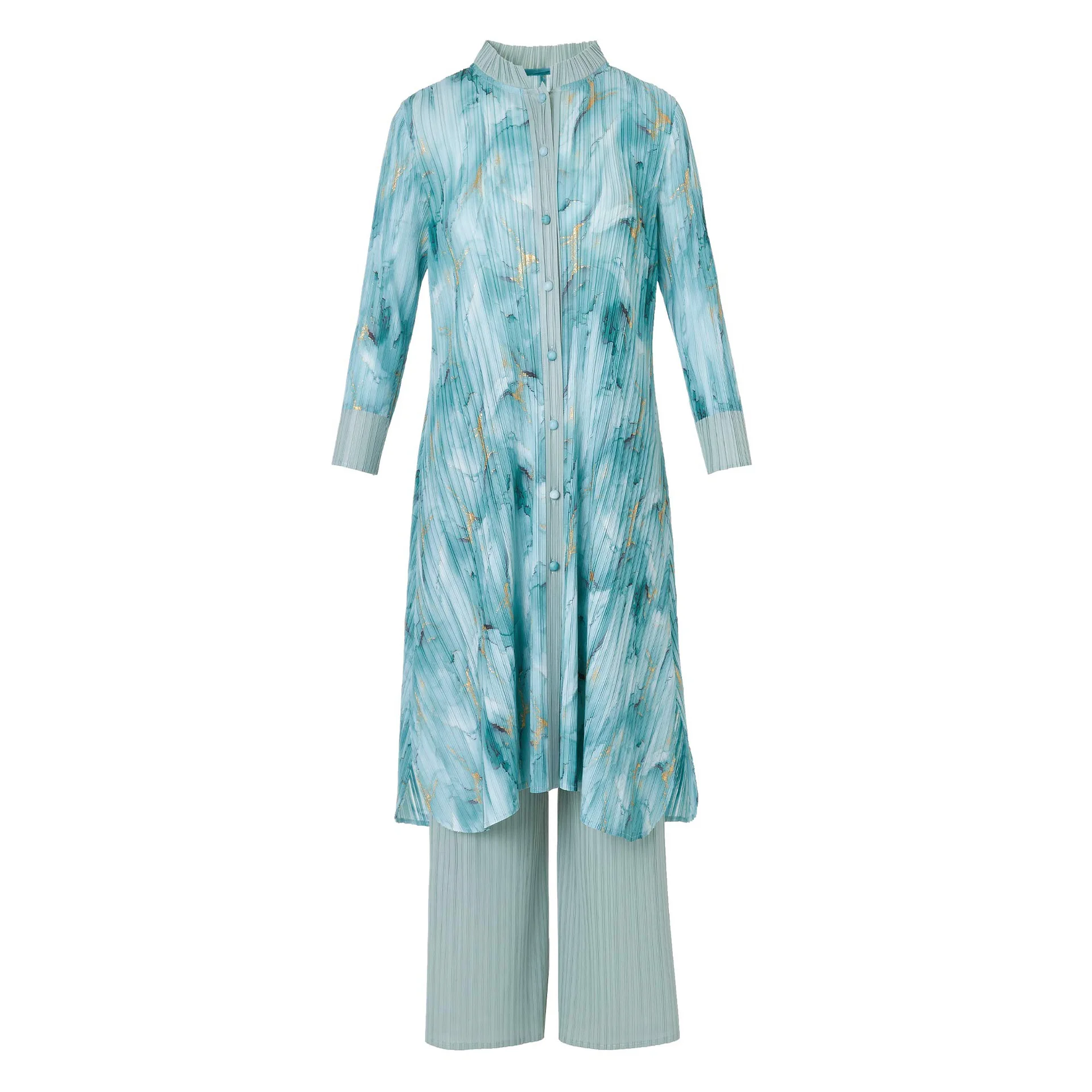 Miyake 2024 Spring Long Pleated Cardigan Jacket Geometric Floral Loose Pants Two-piece Set with Oversized Elastic Women's Set