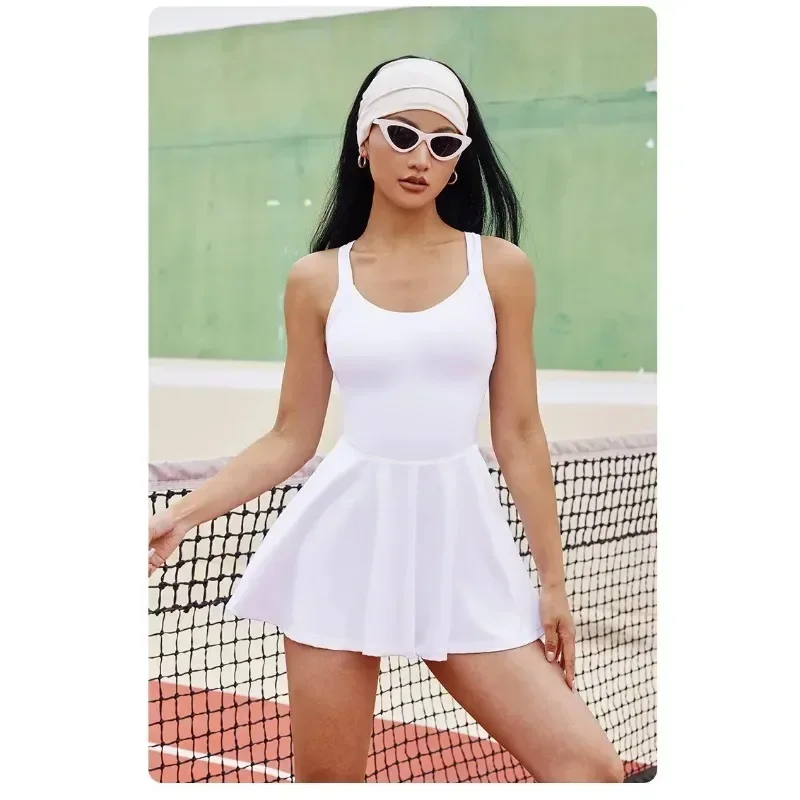 Women Tennis Dress One-Pieces Slim Fit Soft Sports Sets Golf Badminton Skorts Back Cross Tracksuits With Chest Pads Yoga Suits