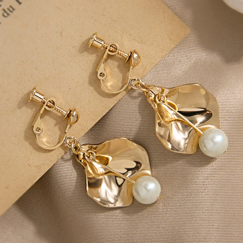 trendy male earrings GRACE JUN Korean Design Simulated Pearl Screw Clip on Earrings Non Pierced Baroque Rhinestone Ear Clip Women's Jewelry Wholesale trendy traditional earrings Trendy Earrings