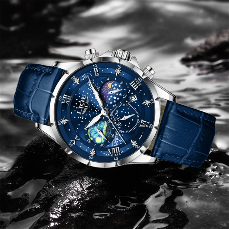 LIGE Classic Blue Leather Watch Men Fashion Business Men Watch Military Sport Waterproof Quartz Chronograph Relogio Masculino