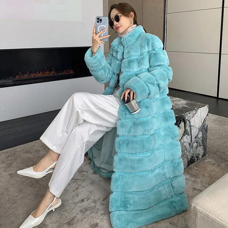 Pure Rabbit Jacket Winter Women Real Rabbit Fur Coat Long Style Stand collar Natural Fur ...