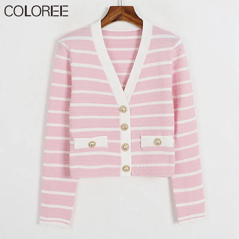 

New In Spring Elegant Pink Striped Tops for Women 2023 Luxury Lion Buttons Knitted Sweater Mujer Designer Cardigan Femme
