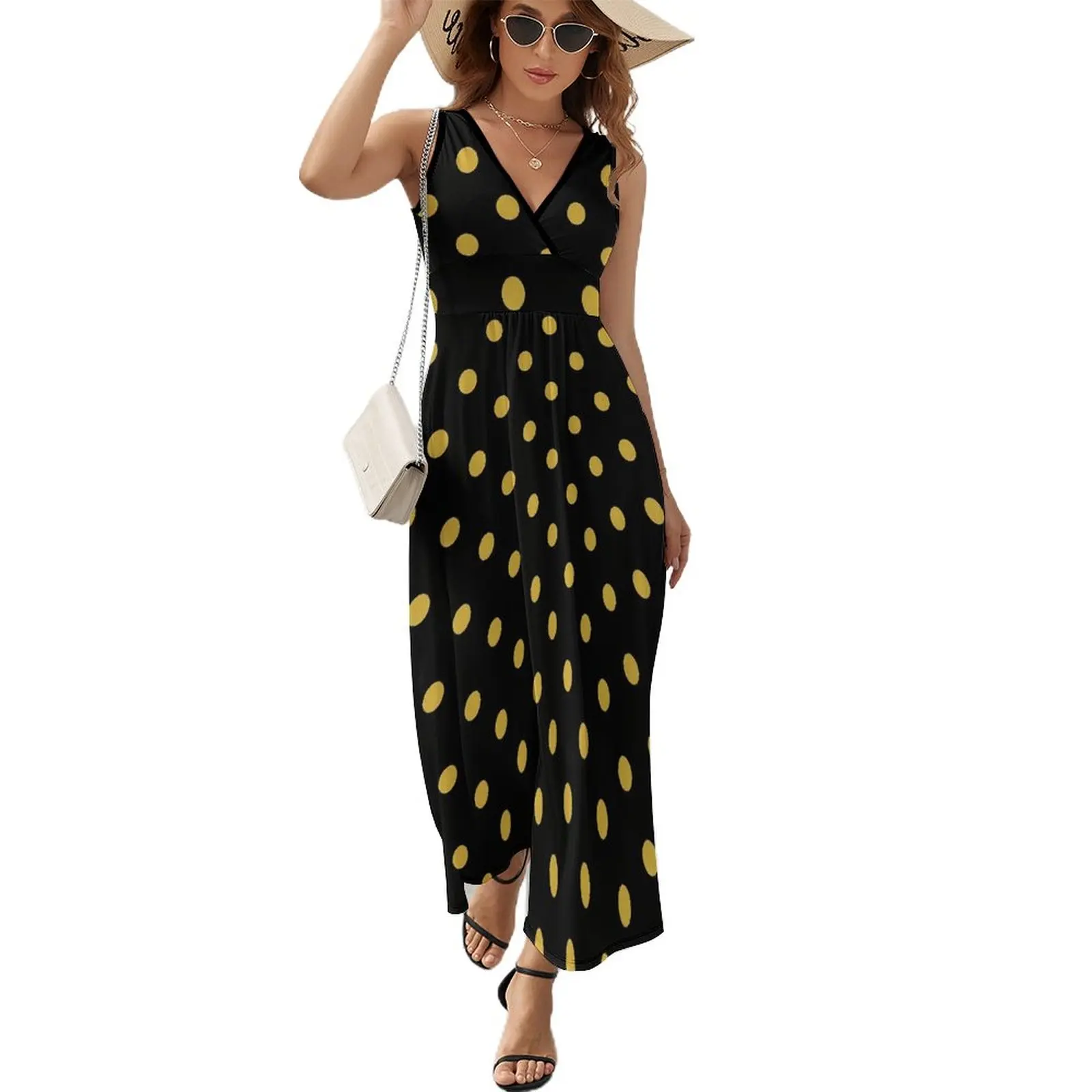 

Gold Dot Print Dress Summer Polka Dots Aesthetic Boho Beach Long Dresses Woman High Waist Graphic Vintage Maxi Dress