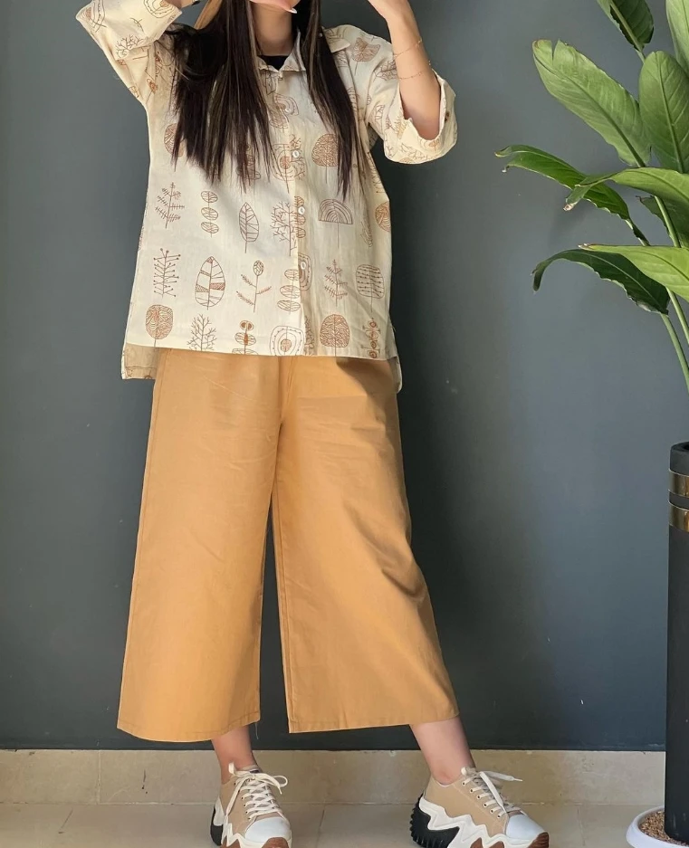 

Casual Pants Set Women 2 Piece New Loose Oversized Fashion Cotton and Linen Printed Shirt and Cropped Wide Leg Casual Pants Set