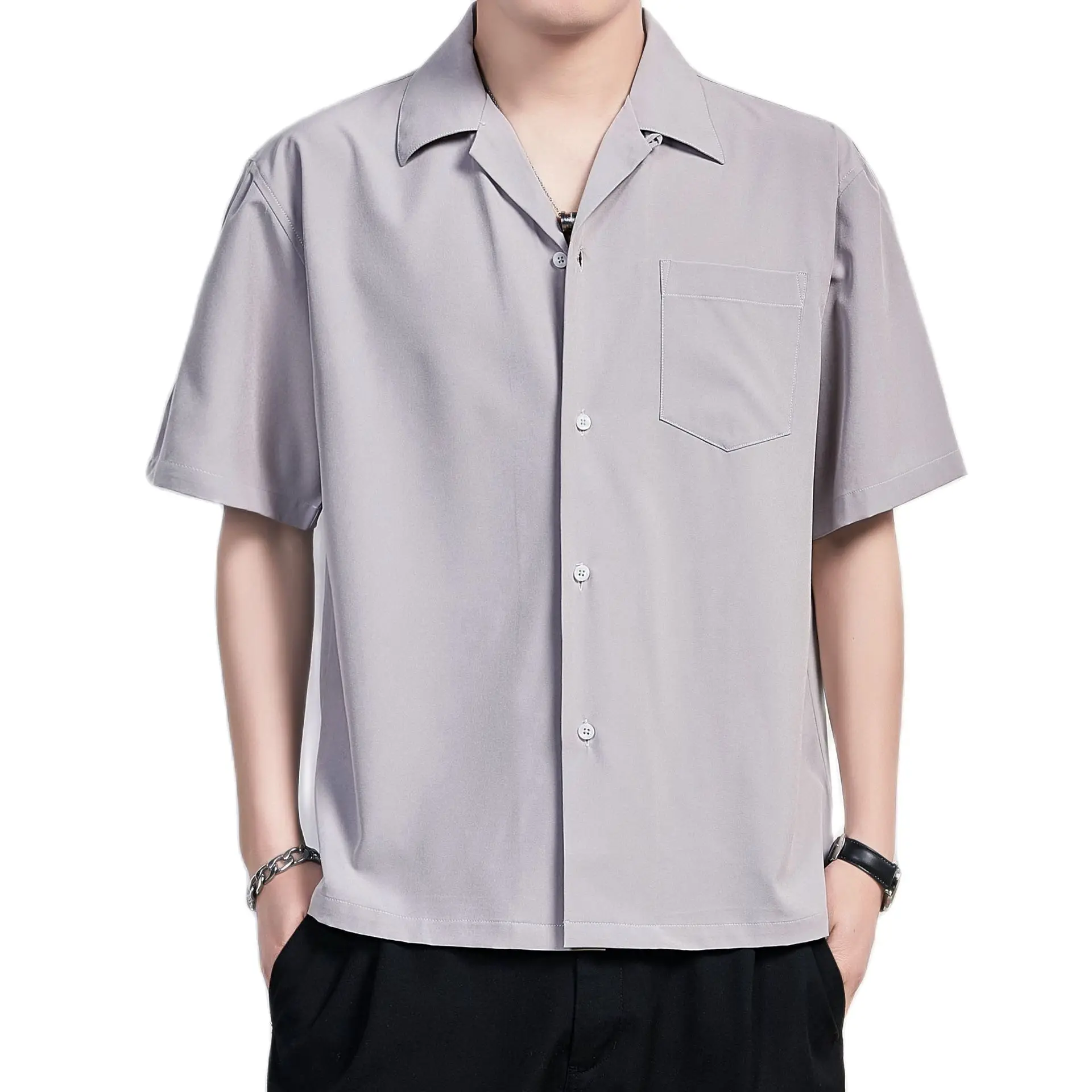 Short Sleeve Cuban Collar Casual Shirt Summer Solid Color Harujuku Shirts for Men Korean Clothes Camisas Para Hombre White Black men casual shirt