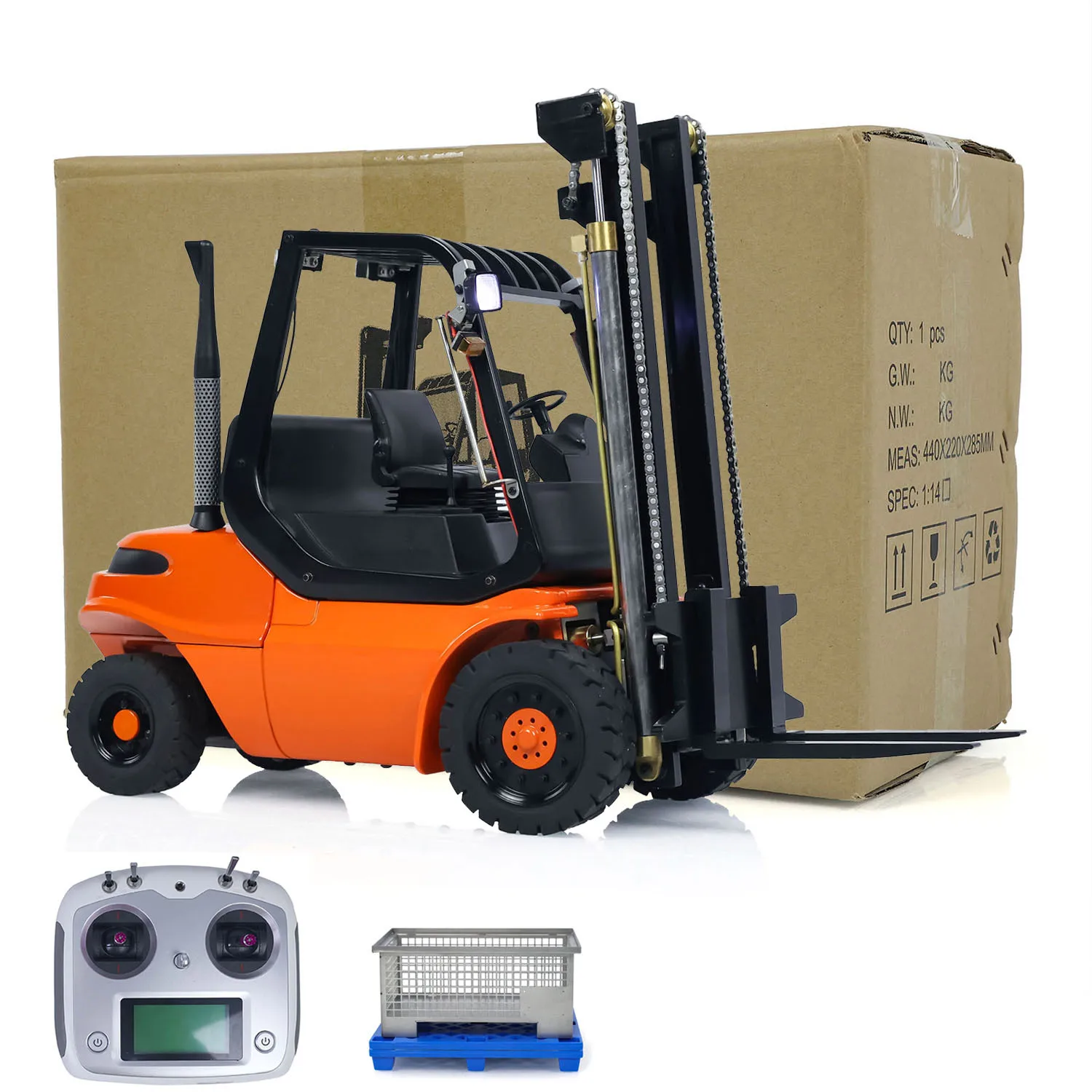 1/14 RC Hydraulic Forklift 40DA3 Wheeled Transfer Painted Finished Car Metal Construction Vehicles Light Sound Model 3