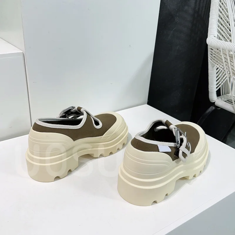 Spring Summer New Couple Shoes Retro Muffin Thick Bottom 3cm Canvas Colorblocking Style Mary Jane Loafers General Shoes
