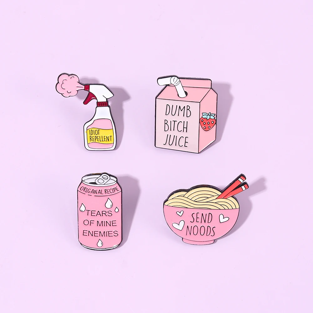 Pink Tears of Enemies Metal Pins Custom Cans Juice Ramen Pun Send Noods Brooches Lapel Badges Funny Jewelry Gift for Friends