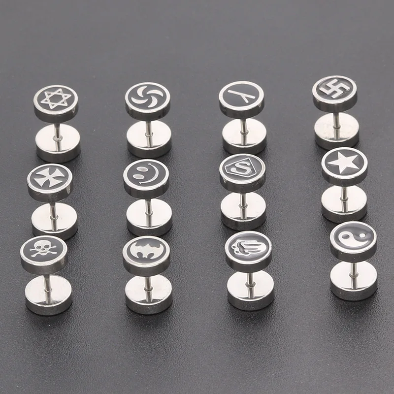 Stainless Steel Barbell Dumbbell Studs Earrings For Men Women Punk Gothic Pattern Earrings Fashion Piercing Jewelry Wholesale 5