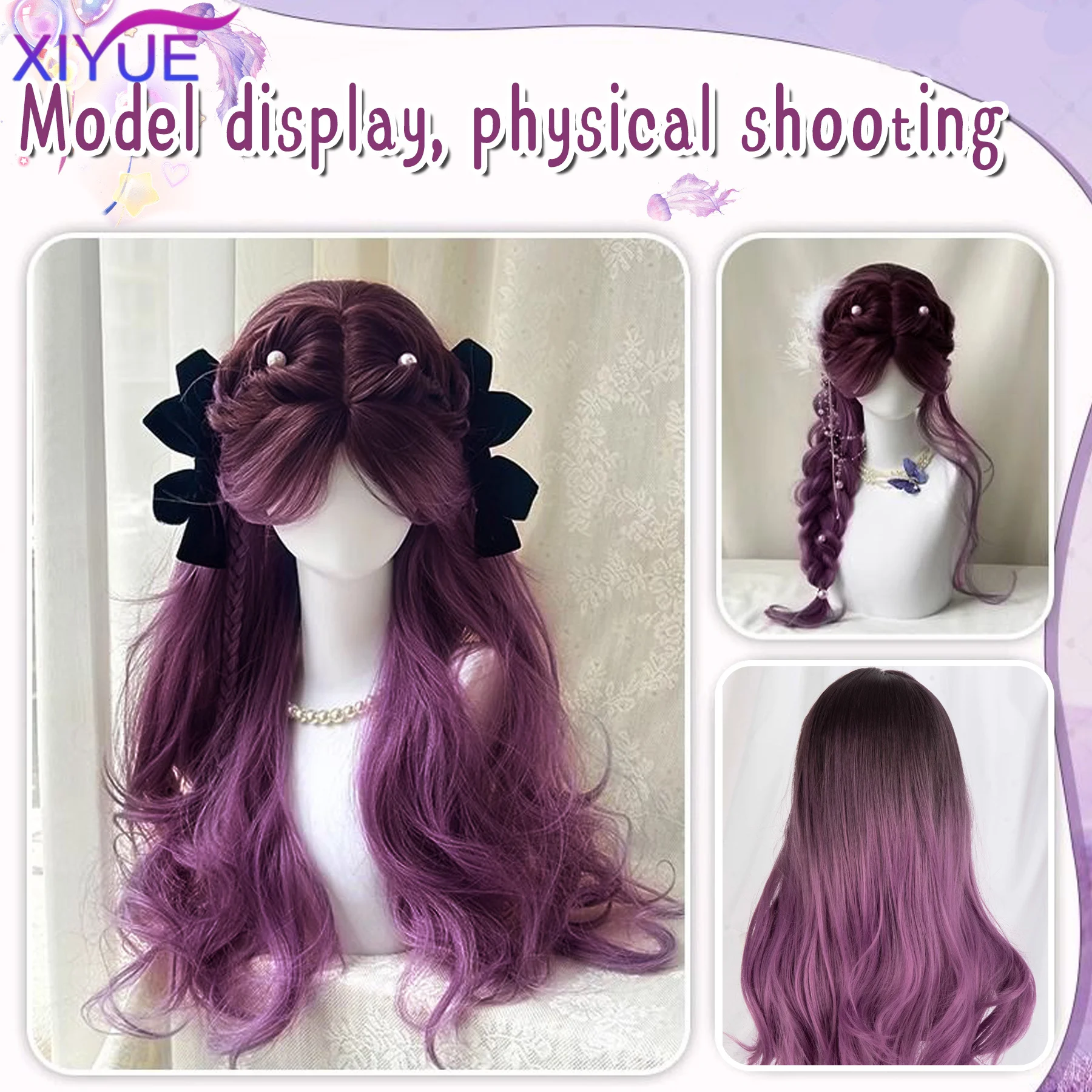 Synthetic Long Curly Hair Gradient Purple Cosplay Wigs Heat Resistant Synthetic Wigs Middle Part Natural Lolita For Women