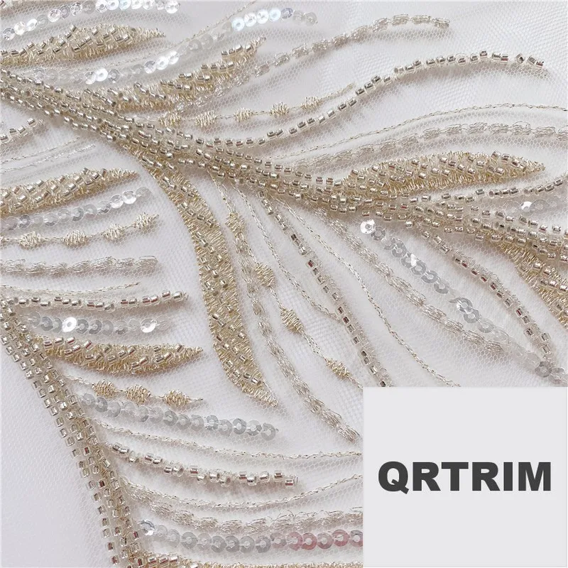 Mesh Lace Trims Sew On Patches, Gold Thread, Silver Beads, Feather Leaves, Embroidery, Wedding Appliques, DIY Decoration 45x49cm