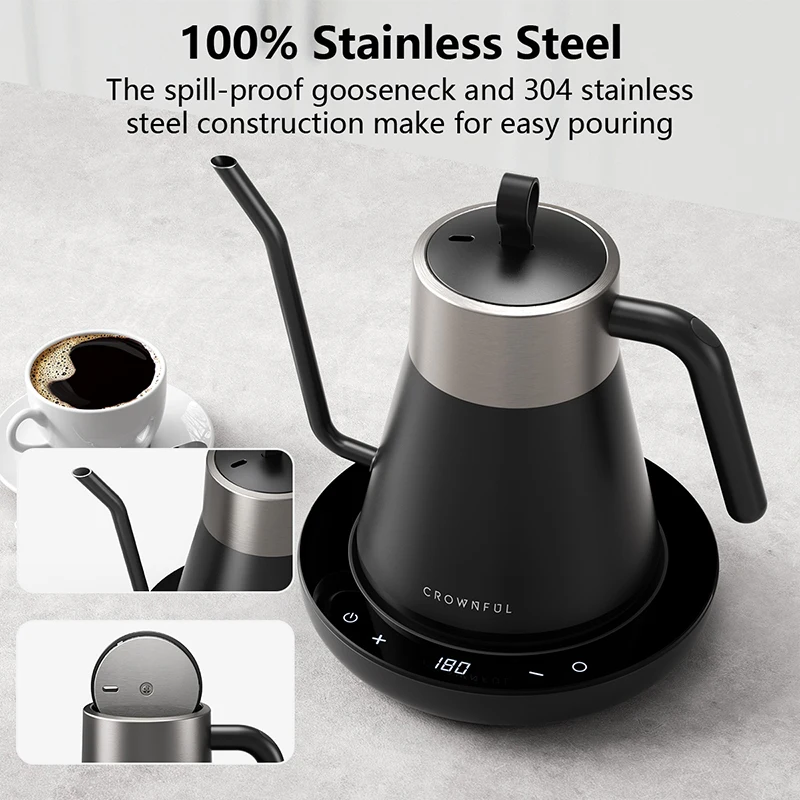 CROWNFUL Gooseneck Electric Kettle with Smart Variable Temperature Control 0.8L Hand Brew Coffee Pot 1200W Rapid Heating Kettle 3