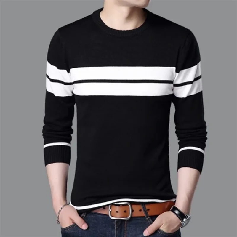 2023 Autumn Winter New Men's Round Neck Thin Sweater Screw Thread Color Block Stripe Korean Fashion Korean Long Sleeved Knit Top