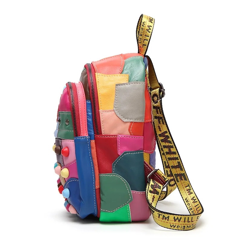 Women's Backpack Soft Genuine Sheepskin Leather Girls Patchwork Portable Colorful Street Travel Bags 2