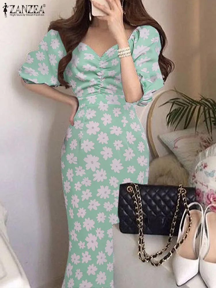 

Women Floral Print Long Dress ZANZEA Elegant Puff Half Sleeve Party Sundress Casual Slimming Midi Dresses 2023 Summer Vestidos