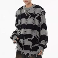 American Street Fashion Retro Trend Tassel Star Stripe Hole Sweater Unisex Autumn Winter High Quality Casual Loose Warm Sweater 1