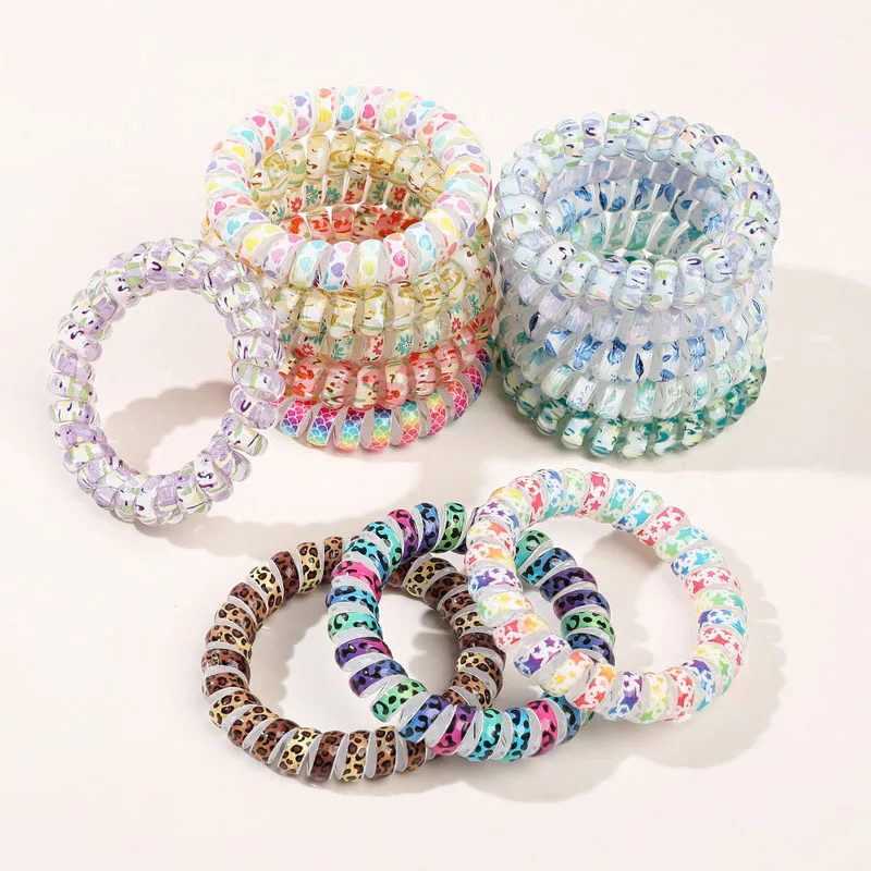 

2023 Fashion Candy Color Print Telephone Wire Hair Bands Women Spiral Hair Ties Frosted Elastic Hair Rope Girls Hair Accessories