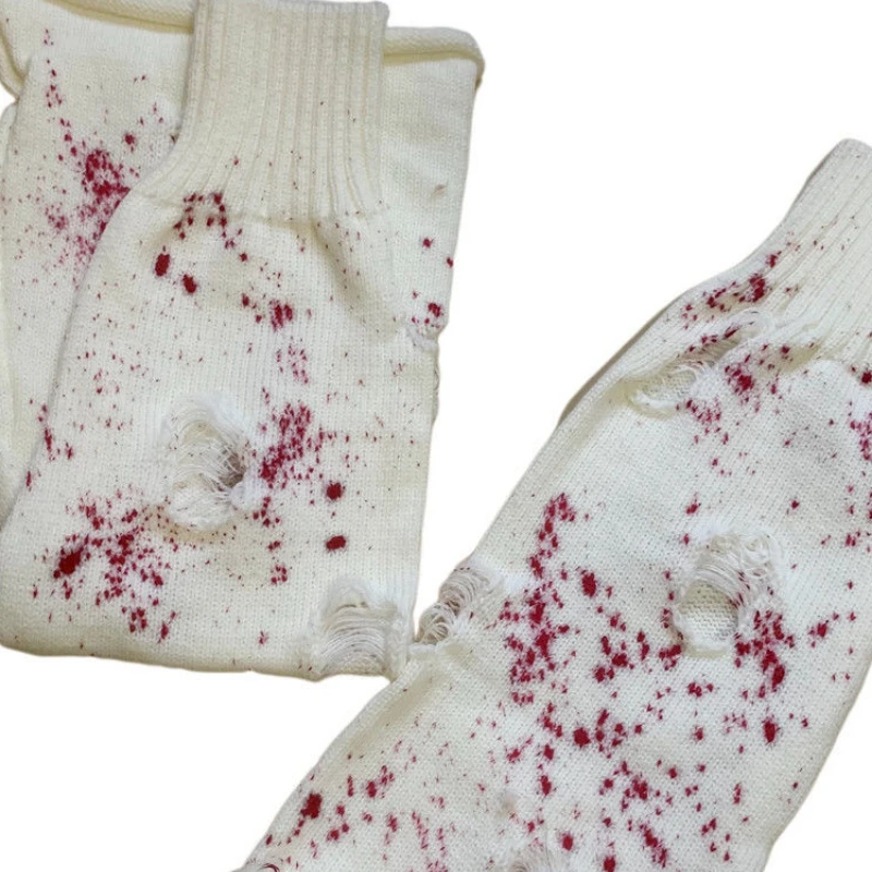 하라주쿠 니트 레그 워머 Y2K 고딕 여성 일본 가을 겨울 양말, 찢어진 혈액 프린트 송아지 양말 부츠 커버 롱 양말