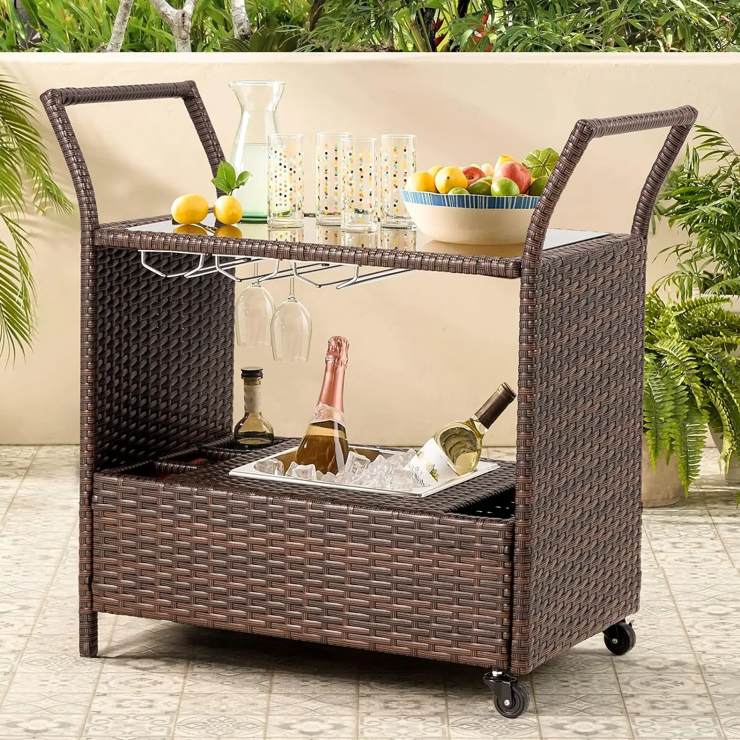 

Outdoor Wicker Bar Cart with Removable Ice Bucket, Rattan Bar Serving Cart with Glass Holder and Wheels, Beverage Cart