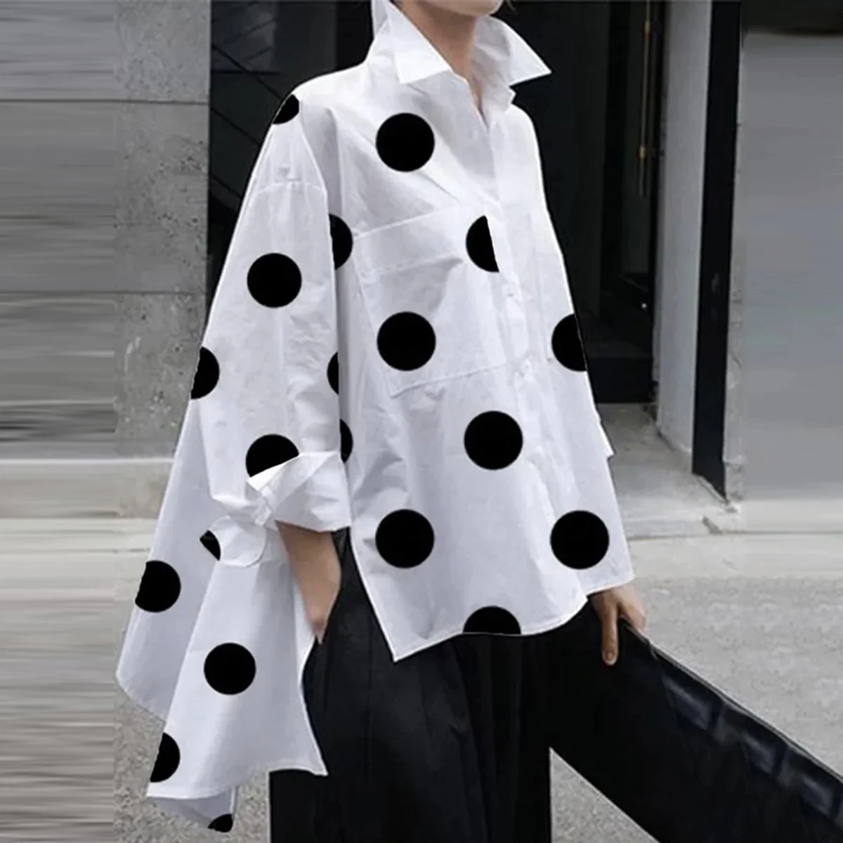 Uslemon Polka-Dot Blouse Split-Side Lapel Long Sleeves Fashion Buttoned High-Low Casual Simple Office Lady Shirts For Women