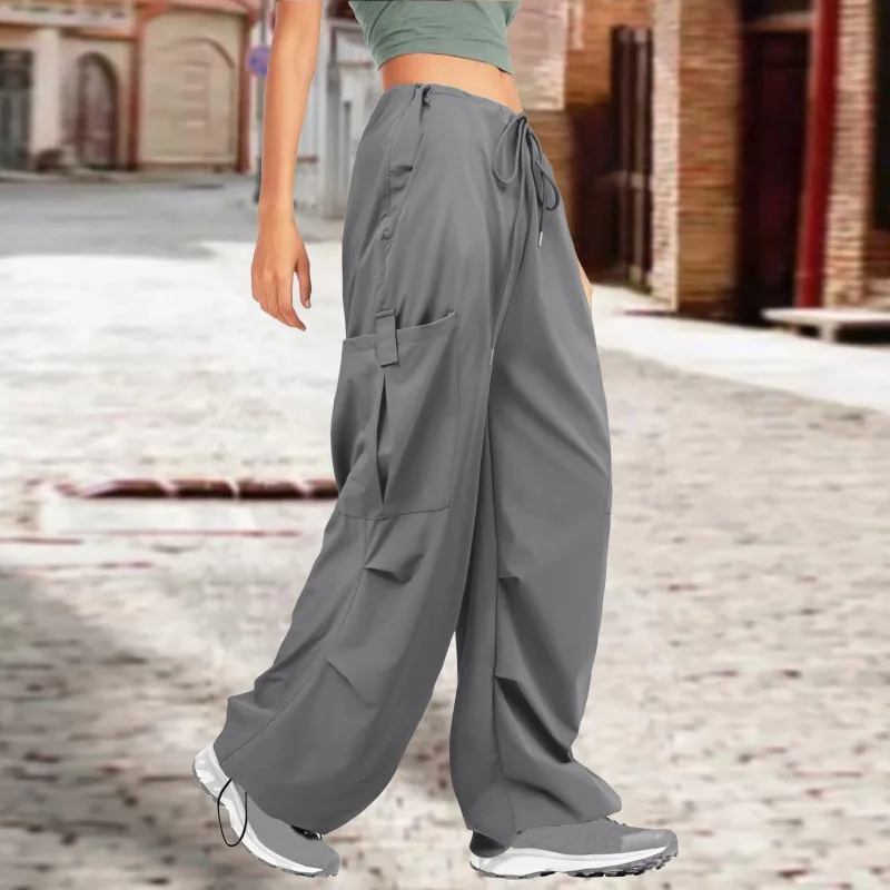 Solid Color Casual Loose Sportswear Cargo Pants Women 2023 Autumn Drawstring Pocket Mid Waist Wide Legs Trousers Streetwear