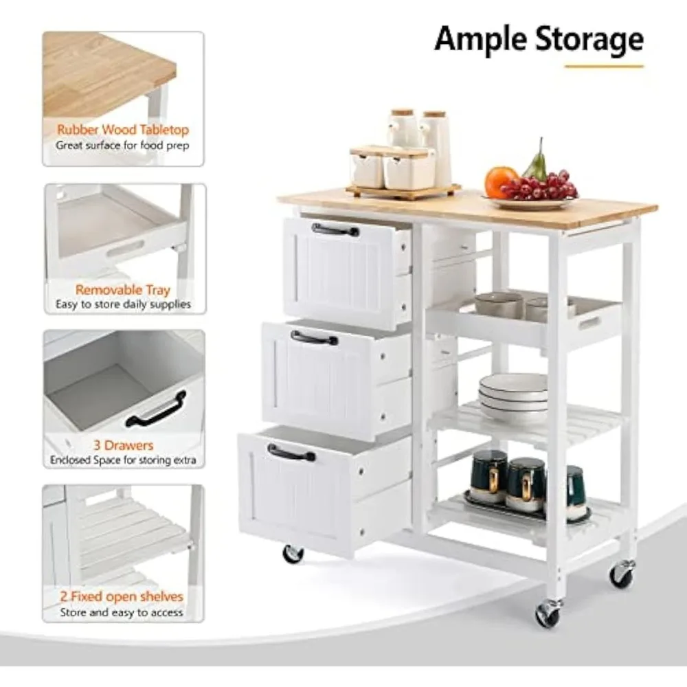 Kitchen Island, Rolling Kitchen Storage Cart with 3 Drawers 3 Tier Holders Serving Bar Cart Coffee Bar