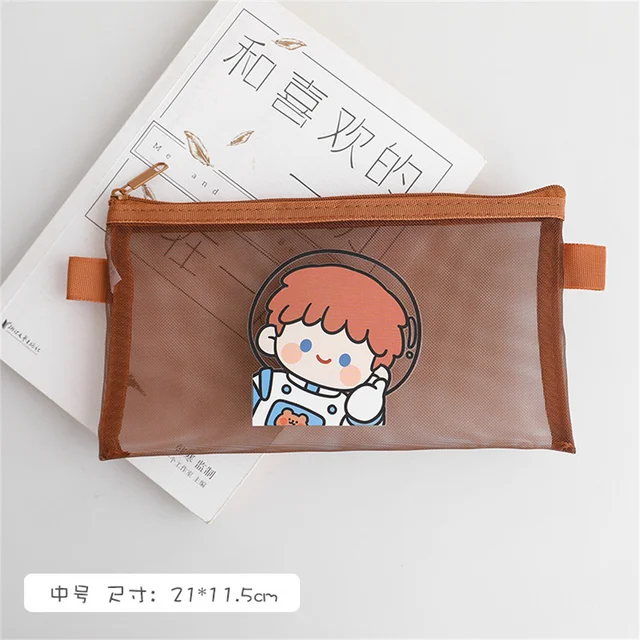 Cute Bear Transparent Mesh Pencil Case Ins Portable Toiletry Makeup Pencil Bag Stationery Gift School Pencil Box Crafts Supplies Astronaut-M
